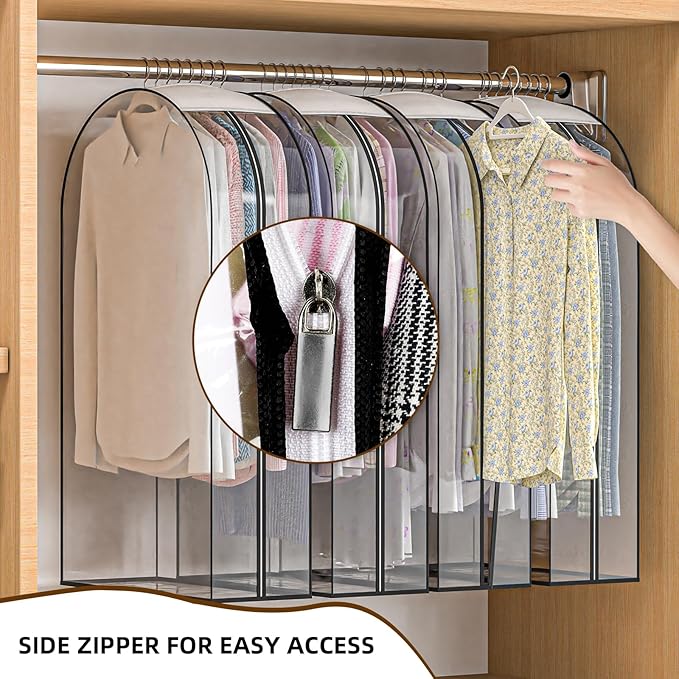 Upgraded Thickened Clear Garment Bags for Hanging Clothes 4 Packs, 10“ Gusseted Clothes Hanging Storage Bags for Closet, Shirts, Coats, Dresses (60 inch)