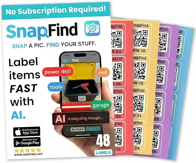Smart QR Code Labels – AI Auto-Labeling, No Typing! Storage Bins & Moving Containers – iOS and Android App – 48 Color-Coded Stickers (2.5" x 2.5")