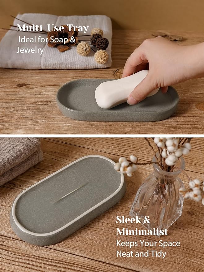 INGOFIN 3 Pcs Ceramic Bathroom Accessory Set - Liquid Soap Dispenser, Toothbrush Holder & Tray, Bathroom Counter Set, Countertop Essentials for Home, Guest Bathroom, or Office Use, Grey