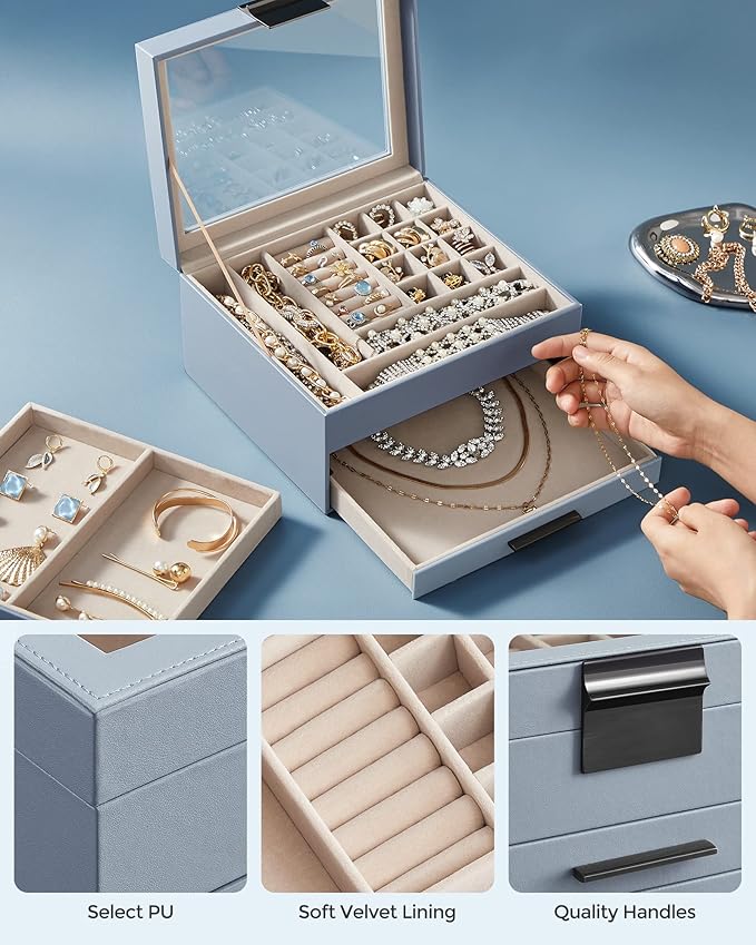SONGMICS Jewelry Box Organizer with Glass Lid, 3-Layer Jewelry Storage, with 2 Drawers, Modern Style, 8 x 9.1 x 5.3 Inches, Smoky Blue and Silver UJBC239BU