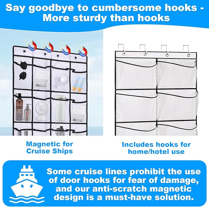 Over The Door Organizer For Cruise Ships|Magnetic Door Organizers with 24-Pocket for Cruise Ship|55"x21"|Cruise Over the Door Organizer,Magnetic Shoe Rack for Cruise,Behind-Door Storage