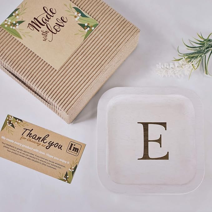 I'm Wooden Personalized Letter Catchall Valet Tray Trinket Dish Jewelry Tray Key Bowl Decorative Plate Organizing Ring Earrings Necklaces Bracelet Watch Coins Wallet Holder (6"x6" Sq White E)