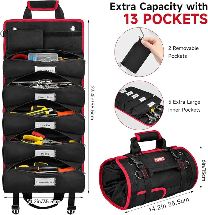 Tool Bag,Large Roll Up Tool Bag Organizer,13 Pockets Tool Roll Storage Pouch,Heavy Duty Portable Tool Storage Carrier Bag for Men,Mechanic,Electrician & Hobbyist,Black/Red