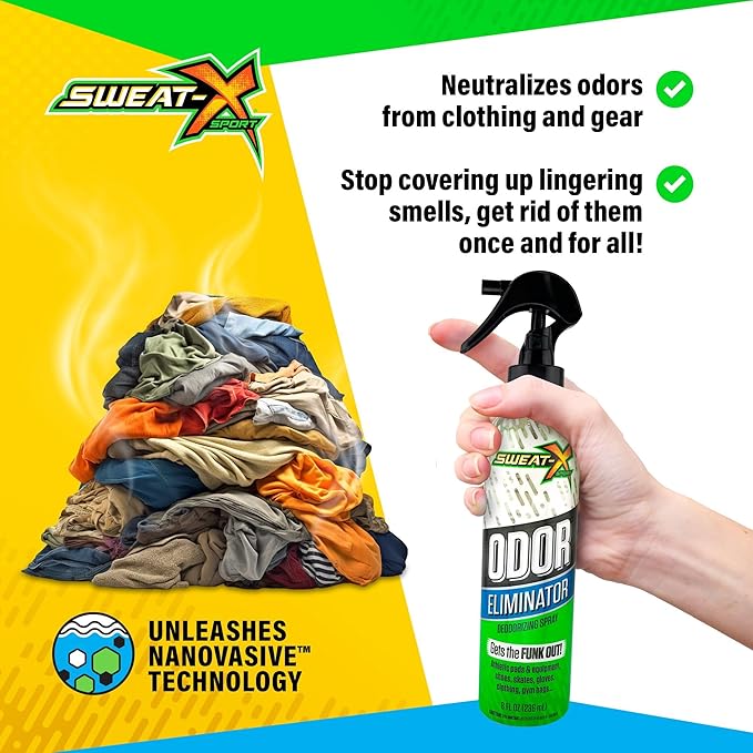Sweat X Sport Extreme Odor Spray – Multipurpose Deodorizer for Stinky Shoes, Clothes, Sports Equipment & All Fabrics – Concentrated Formula, No Washing Required - Active Fresh Scent – 8 Fl Oz
