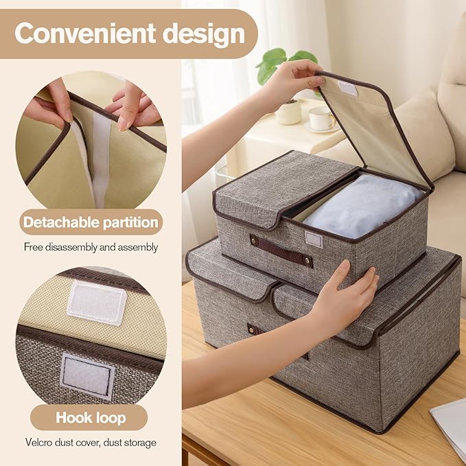 Linen Storage Boxes with Removable Dividers, 2-Pack Large Foldable Organizer Bins, Gray Fabric Containers with Handles for Clothes, Blankets, Underwear Storage (Green, 2Pack*15L)