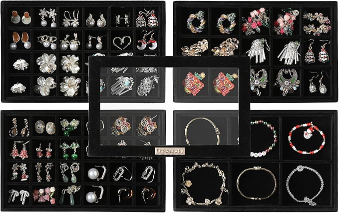 Frebeauty Stackable Jewelry Trays with Lid,Velvet Earring Organizer Tray,5-in-1 Jewelry Organizer for Drawer Vanity Dresser,Jewelry Storage for Studs Bracelets,10.5 x 6.5 x 5.55 Inches,Gift for Women