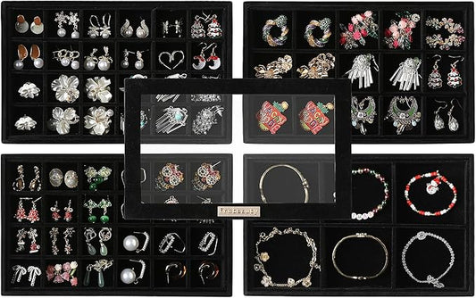 Frebeauty Stackable Jewelry Trays with Lid,Velvet Earring Organizer Tray,5-in-1 Jewelry Organizer for Drawer Vanity Dresser,Jewelry Storage for Studs Bracelets,10.5 x 6.5 x 5.55 Inches,Gift for Women