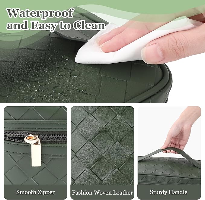 Dajasan Makeup Bag Cosmetic Bag, Travel Makeup Bag, Large Capacity Makeup Organizer Case, Large Toiletry Bag for Women Girls, PU Leather Waterproof 11.81 x 6.7 x 7.09 Inch (Green)
