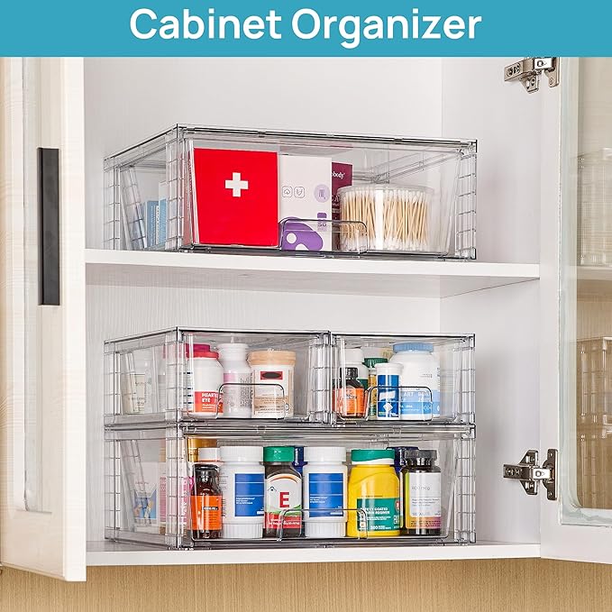 Vtopmart Clear Stackable Storage Drawers Set of 6, Easily Assemble Acrylic Bathroom Undersink Organizers,Plastic Storage Bins for Closet,Cabinet,Pantry,Medicine Organization