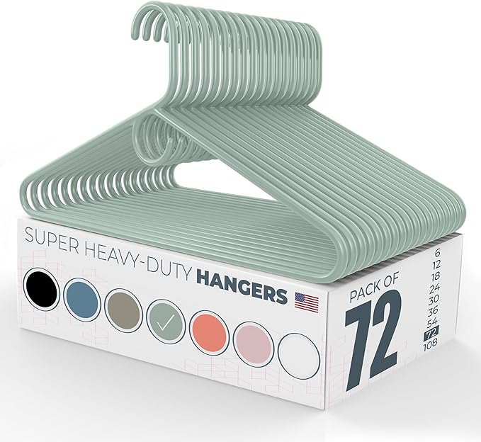 Neaties Super Heavy Duty Clothes Hangers 50+ Pack (72 Count) – Made in The USA - 10lb Capacity, Thick Plastic Hangers for Pants, Coats, Jackets, Jeans and Adult Clothing – Mint