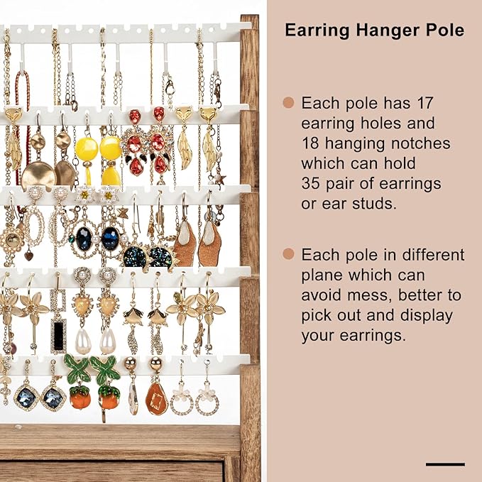 Pinzoveco Earring Organizer, 5 Layer Earring Holder Organizer with Necklace Holder Pole, Rustic Wood Jewelry Organizer Stand Display for Stud Earring Bracelet Necklace Ring, 175 Earring Holes