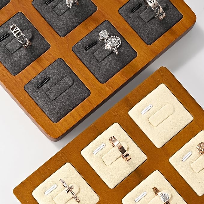 Oirlv Solid Wood Ring Display Stand - 9 Bit Ring Holder & Organizer Tray (Grey)