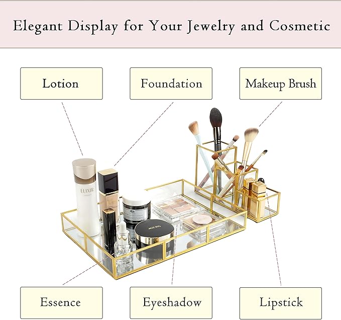 Gold Metal Frame and Glass Vanity Tray Set, Large Decorative Platform for Perfumes, Makeup Brushes, Jewelry Display, Office Stationery Holder, Sophisticated Design, 12.2x8.5x2.2 in