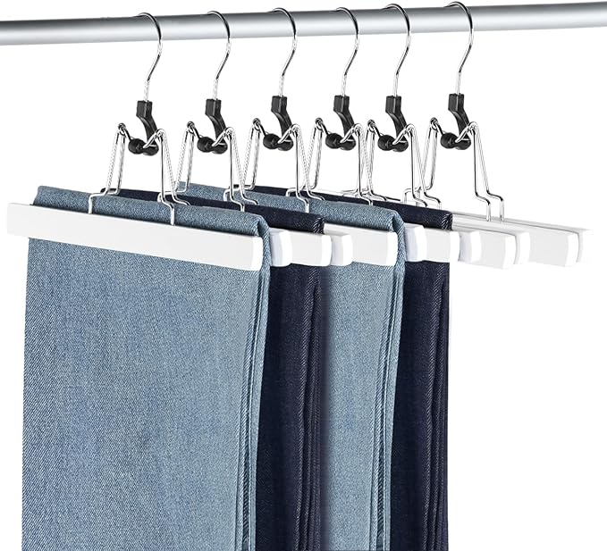 AMKUFO 12 Pack White Wooden Pants Hangers with Clips Non Slip Skirt Hangers Trouser Clamp Hanger Solid Wood Hanger with 360° Swivel Hook