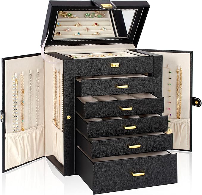 AKOZLIN Large Jewelry Box Organizer Functional Lockable with Big Mirror, Leather Jewelry Storage Case for Women Girls Ring Necklace Earring Bracelet Holder Organizer