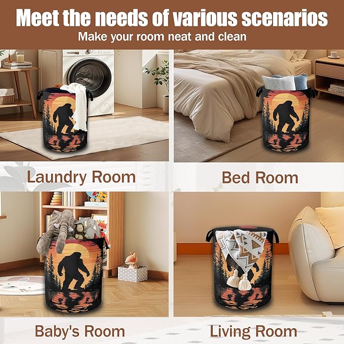 Bigfoot Laundry Hamper,Sunset Forest Laundry Baskets,Waterproof Oxford Cloth Toy Storage for Bedroom,Bathroom,Nursery,16x20.8 Inch