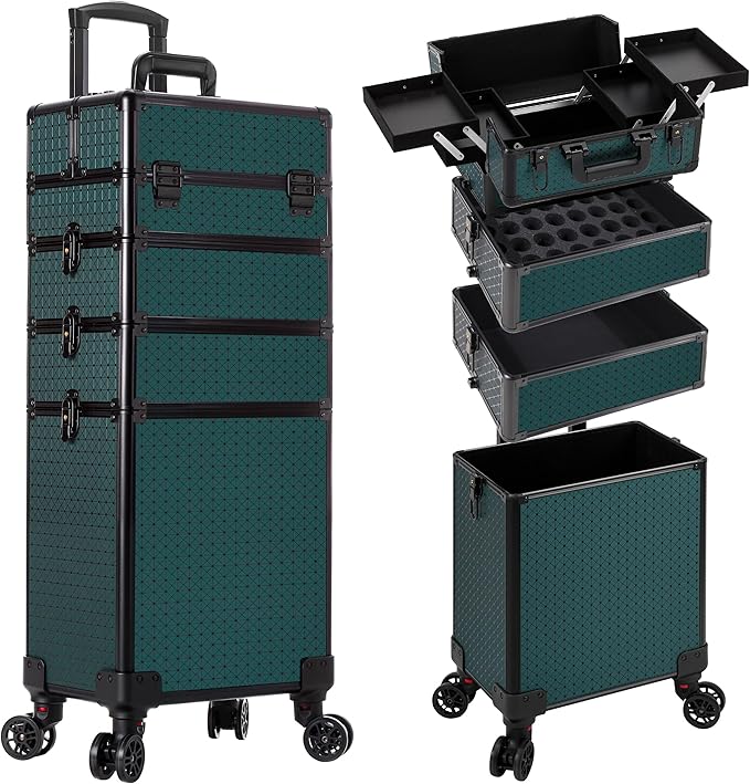 AROUS Rolling Makeup Train Case 4 in 1 Cosmetology Case on Wheels Large Storage Cosmetic Trolley with Key Salon Barber Case Traveling Cart Trunk, Green