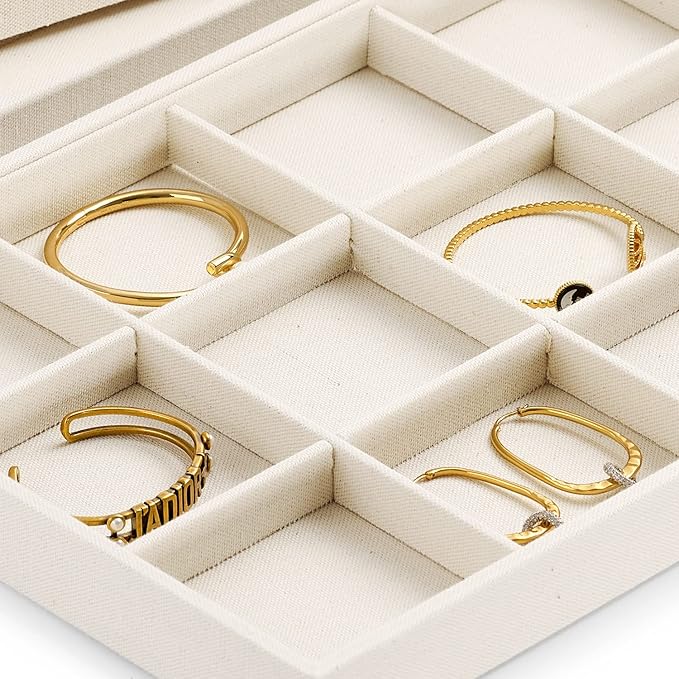 12 Grids Linen Jewelry Trays Bangl Earring Holder Tray Stackable Jewelry Organizer For Drawer (Beige)