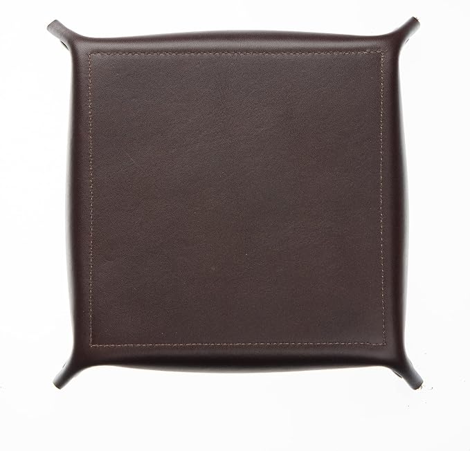USA Handmade Premium Leather Valet Tray, Folds Flat! Dice Rolling Basket and Organizer with Brass Snaps (Dark Walnut Brown, Large)