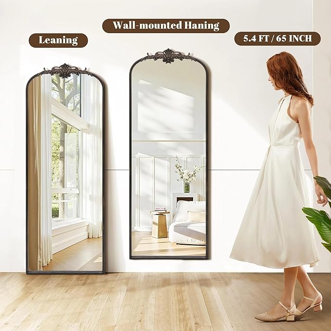 Besdomus Arched Mirror Full Length: 21"x56" Black Vintage Full Body Mirror - Floor Antique Baroque Traditional Ornate for Entryway/Cloakroom/Bedroom/Living Room - Home Decor for Homemakers