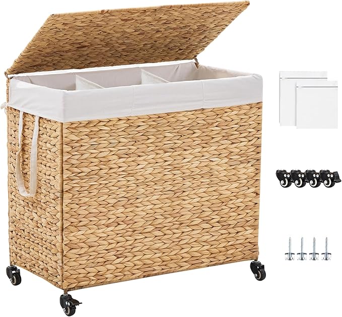 3-Section Laundry Hamper with Lid, Large Capacity Woven Natural Water Hyacinth Laundry Sorter with Removable Liners, Rolling or Non-Slip Design for Bedroom (Natural, 3-Section)