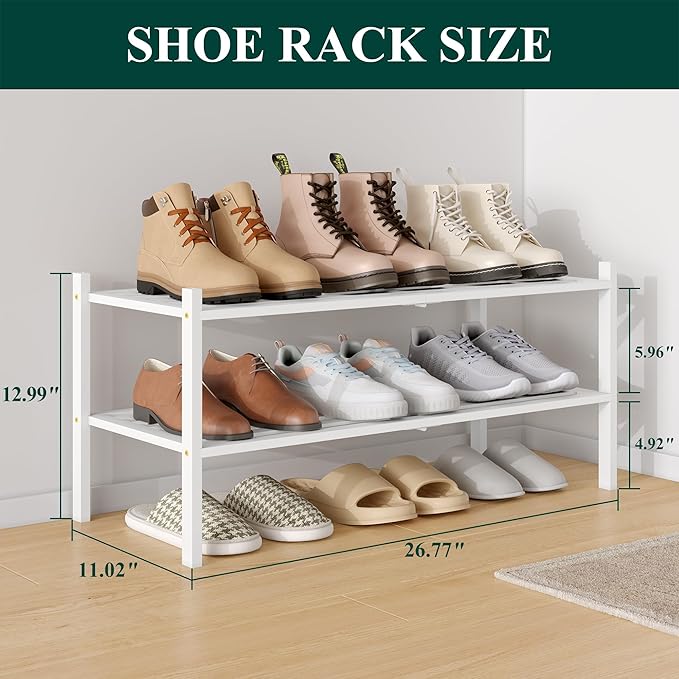 Smiry Bamboo Shoe Rack 2-Tier, Stackable Wooden Shoe Organizer for Entryway & Closet, Free Standing Wood Shoe Storage Shelf for Front Door & Small Spaces, White