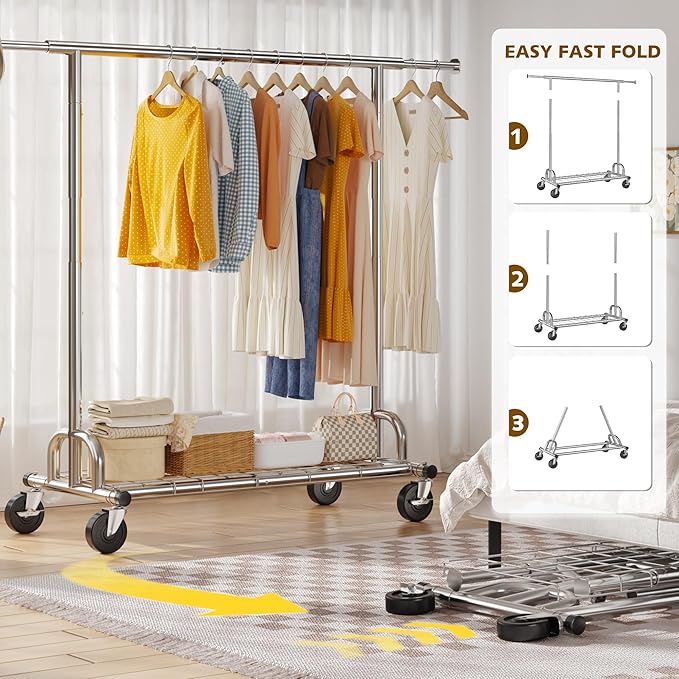 Raybee 75" W Heavy Duty Clothes Rack, 530 LBS Clothing Racks for Hanging Clothes, Rolling Clothing Rack with Sturdy Wheels, Metal Garment Rack for Bedroom, Laundry Room, Retail Store, Chrome