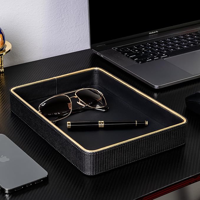 ZHEM Leather Catchall Valet Tray for Men| Mens Valet Catch All Trays| Bedside Organizer for Nightstand| Cologne Tray for Men| Desk Trays (Black)