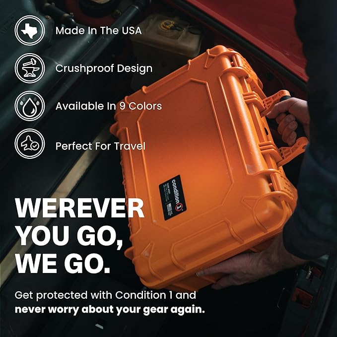 Condition 1 18" Medium Waterproof Hard Case with Foam, Model 801, Portable Protective Storage Box for Travel, Tactical Gear, Made in USA,18.36"x13.70"x 7.03" Orange