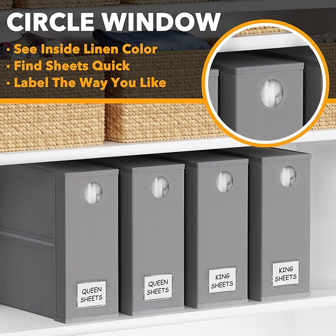 SpaceAid 4 Pack Bed Sheet Organizers and Storage, Foldable Organizer for Linen Closet, Sheets Set Folder Keeper with Window XL (Queen & King Size) Organizing Bedding Container, Gray 91ZDSN-SL01-G4