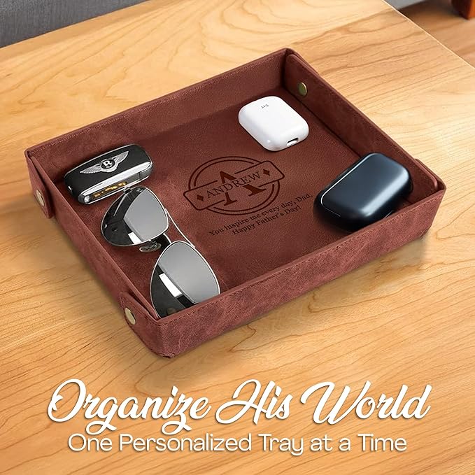 Engraved Father’s Day Leather Valet Tray – Personalized Light Coffee Catchall with Custom Name – Men’s Desk Organizer for Keys, Wallet, Watches, and Jewelry – Unique Gift from Daughter or Son