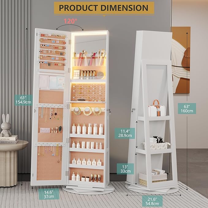 Vlsrka 360° Swivel Mirror Jewelry Cabinet, Large Jewelry Armoire Cabinet Standing, Lockable Full Length Mirror with Storage, 3 LED Lights, Foldable Makeup Shelf, Beige Velvet, White