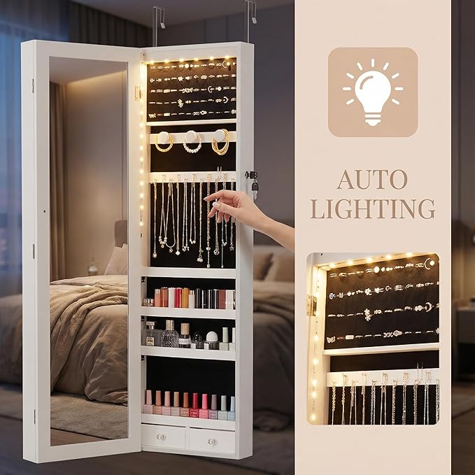 Large Capacity Wall-Mount Jewelry Armoire with LED Lights & Lock - 47.2" Tall Mirror Organizer Cabinet, 6 LEDs, Door-Hanging Design (White)