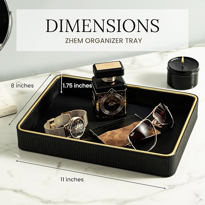 ZHEM Leather Catchall Valet Tray for Men| Mens Valet Catch All Trays| Bedside Organizer for Nightstand| Cologne Tray for Men| Desk Trays (Black)