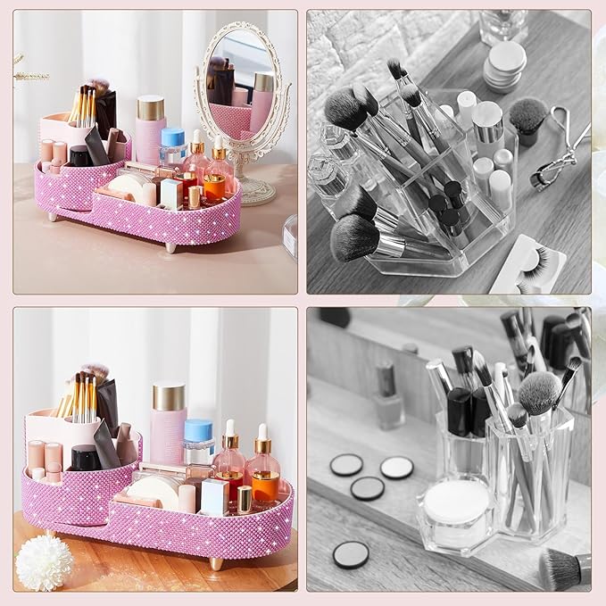 Teen Girls Women Gift 360 Rotating Bling Makeup Organizer Large Rhinestone Diamond Bathroom Organizer Girly Skin Care Brush Holder for Countertop,Bathroom Essentials(Pink,Pearl Rhinestone)