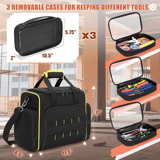 Tool Bag with 3 Removable Cases, 2 Layers Tool Tote for Hand Tools, Black with Yellow Binding