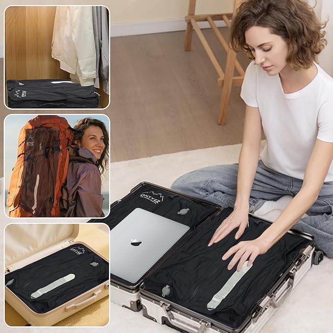 ONTYZZ Vacuum Bags for Travel, Reusable Vacuum Compression Bag, Recycled IPX8 Waterproof Space Saver Bag for Luggage/Camping/Home Storage (2 Pack NO Pump-Black)