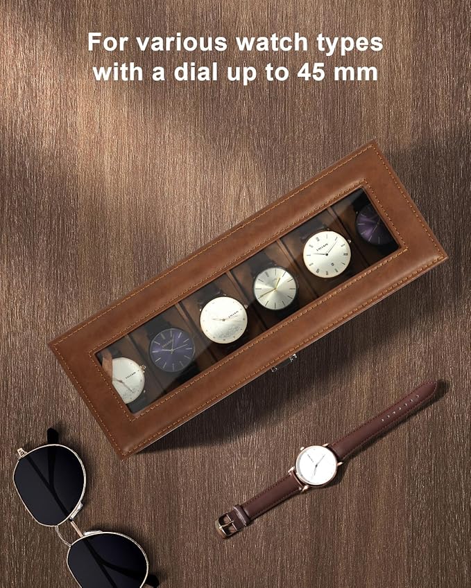 Uten 6 Slots Watch Box, PU Leather Watch Case with Glass Lid, Watch Holder Organizer with Soft Pillow and Velvet Lining, Watch and Jewelry Storage Box, Brown