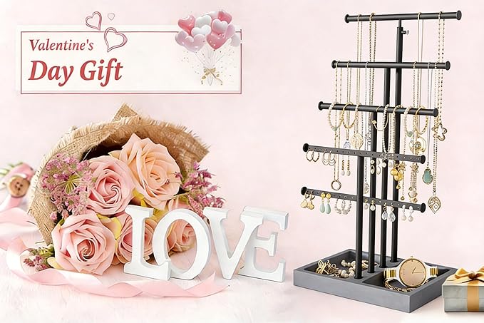 Love-KANKEI Jewelry Organizer Stand, 5 Tier Large Necklace Holder with Wood Base, Jewelry holder stand Tree for Display, Bracelets Earrings Rings, Height Adjustable Gift Weathered Grey