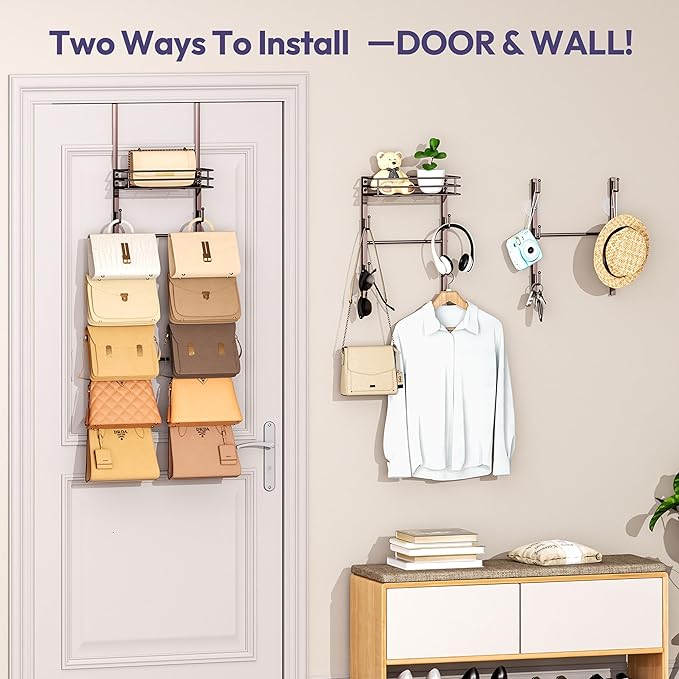 SWTYMIKI Over The Door Purse Organizer - Wall Mounted Handbag Organizer with 10 Hooks and Metal Basket, Hanging Purse Storage Rack Holds up to 10 Bags, Bag Rack Can Use As 1/2 Part, for Door, Closet