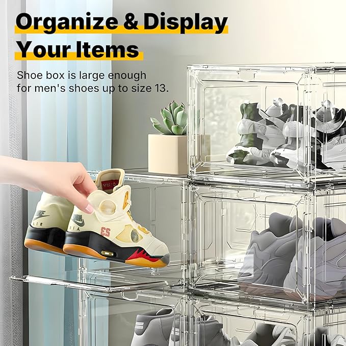 1 Pack Drop Front Shoe Box for Men’s Sneakers, Stackable Magnetic Display Case, Large Size for Up to US 13, Clear-Black Organizer – 13.5 x 10.55 x 7.5 Inches