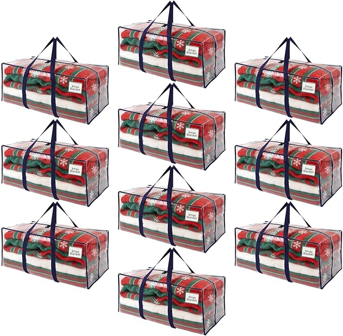 VENO 10 Pack Moving Bags, Christmas Storage Containers, Storage Bins with Lids, Reinforced Wraparound Handles, Packing Bags for Clothes, Bedding, Comforters (Clear, 10 Pack)