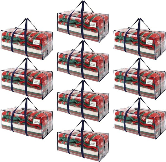 VENO 10 Pack Moving Bags, Christmas Storage Containers, Storage Bins with Lids, Reinforced Wraparound Handles, Packing Bags for Clothes, Bedding, Comforters (Clear, 10 Pack)