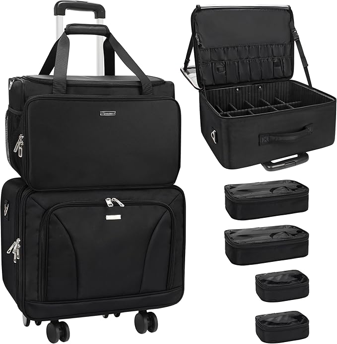 MONSTINA Rolling Train Case with Wheels, Extra Large Makeup Bag with 4 Bags Professional Hairdressing Bag Hairstylist Travel Bag Cosmetology Case on Wheels for Makeup Artist Hairstylist
