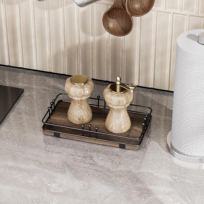 Bathroom Vanity Tray for Toiletries Makeup Perfume Candle Toilet Tank, Kitchen Tray for Soap Dispenser Spice Salt, Small Tray for Countertop Decor Coffee Nightstand 7.9”x4.4” Brown-Black