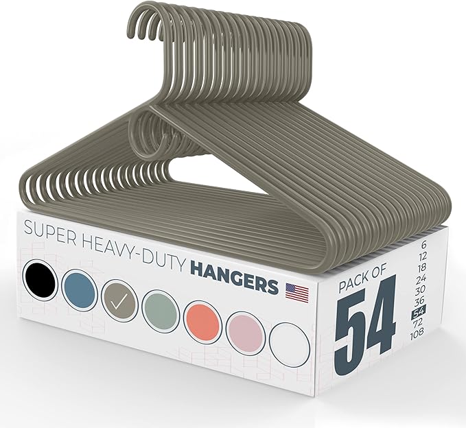Neaties Super Heavy Duty Clothes Hangers 50 Pack (54 Count) – Made in The USA - 10lb Capacity, Thick Plastic Hangers for Pants, Coats, Jackets, Jeans and Adult Clothing – Gray