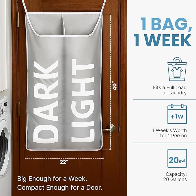 Hanging Laundry Hamper Bag XL, Space Saving over the Door Storage Bags, Behind the Door Hampers for Dirty Clothes & Wall Mounted Basket for Bathroom (Grey -2Pack, Double Compartment)