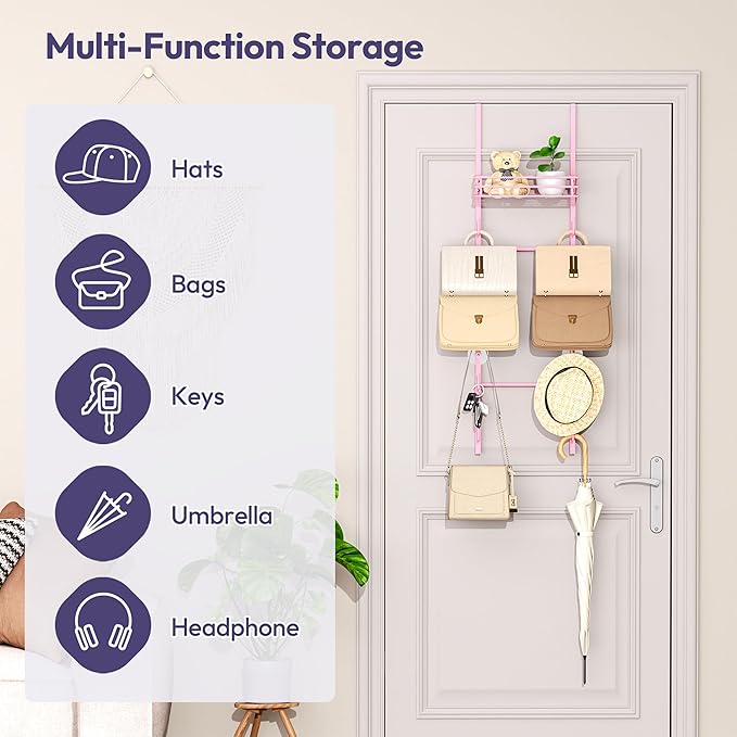 SWTYMIKI Over The Door Purse Organizer - Wall Mounted Handbag Organizer with 10 Hooks and Metal Basket, Hanging Purse Storage Rack Holds up to 10 Bags, Bag Rack Can Use As 1/2 Part, for Door, Closet