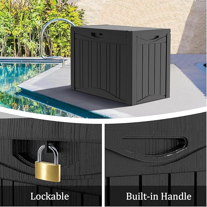 50 Gallon Plus Outdoor Storage Box, Waterproof Resin Deck Box for Patio, Pool, and Garden, Lockable Bin for Cushions, Tools, and Accessories, UV-Resistant, Black
