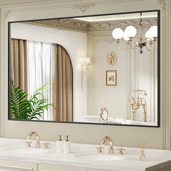 LOAAO Black Bathroom Mirror 60"X40" for Wall, Rectangle Bathroom Vanity Mirror, Tempered Glass, Hangs Vertically or Horizontally, Easy to Install, Modern Design